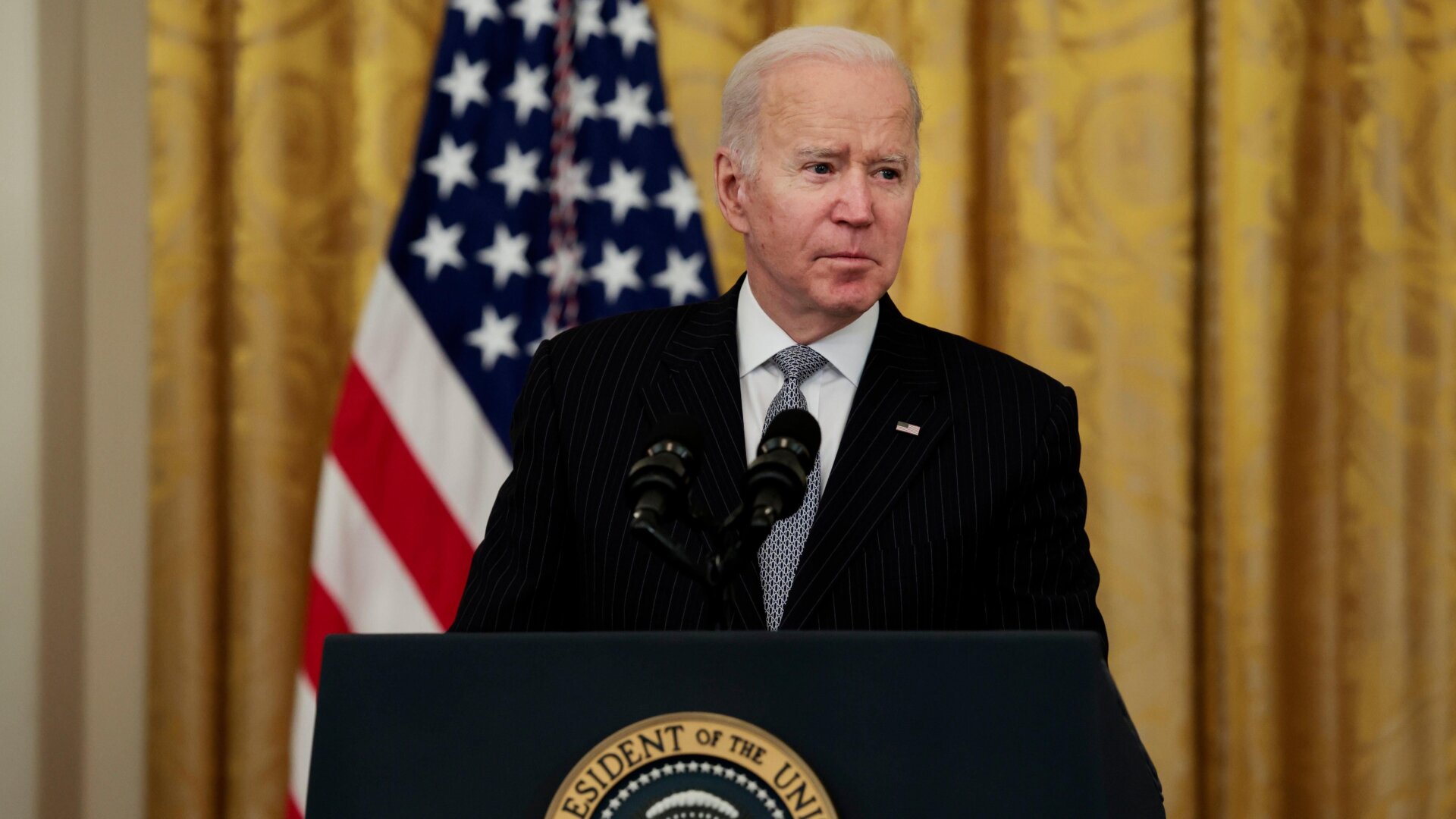 President Joe Biden gives remarks during a Cancer Moonshot initiative event in the East Room of the White House on February 02, 2022 in Washington, DC.