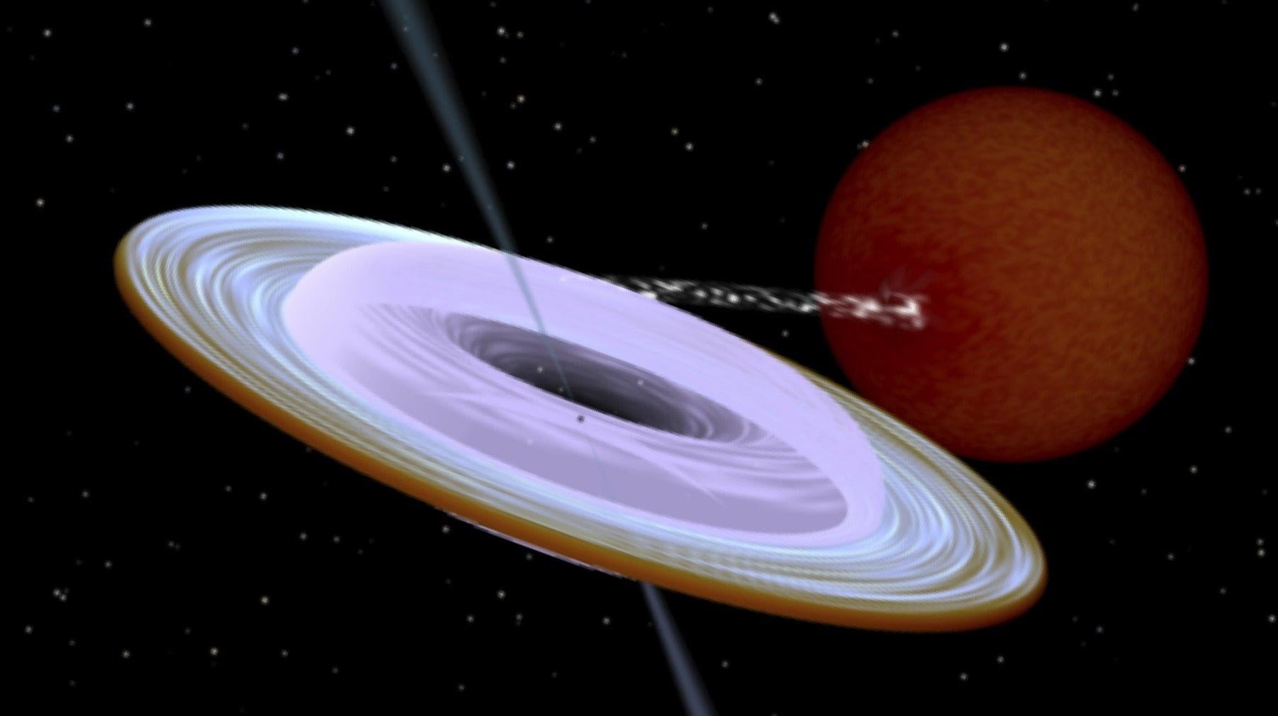 An artist’s impression of the binary system, with the angled black hole projecting jets from within the accretion disk of material surrounding it.
