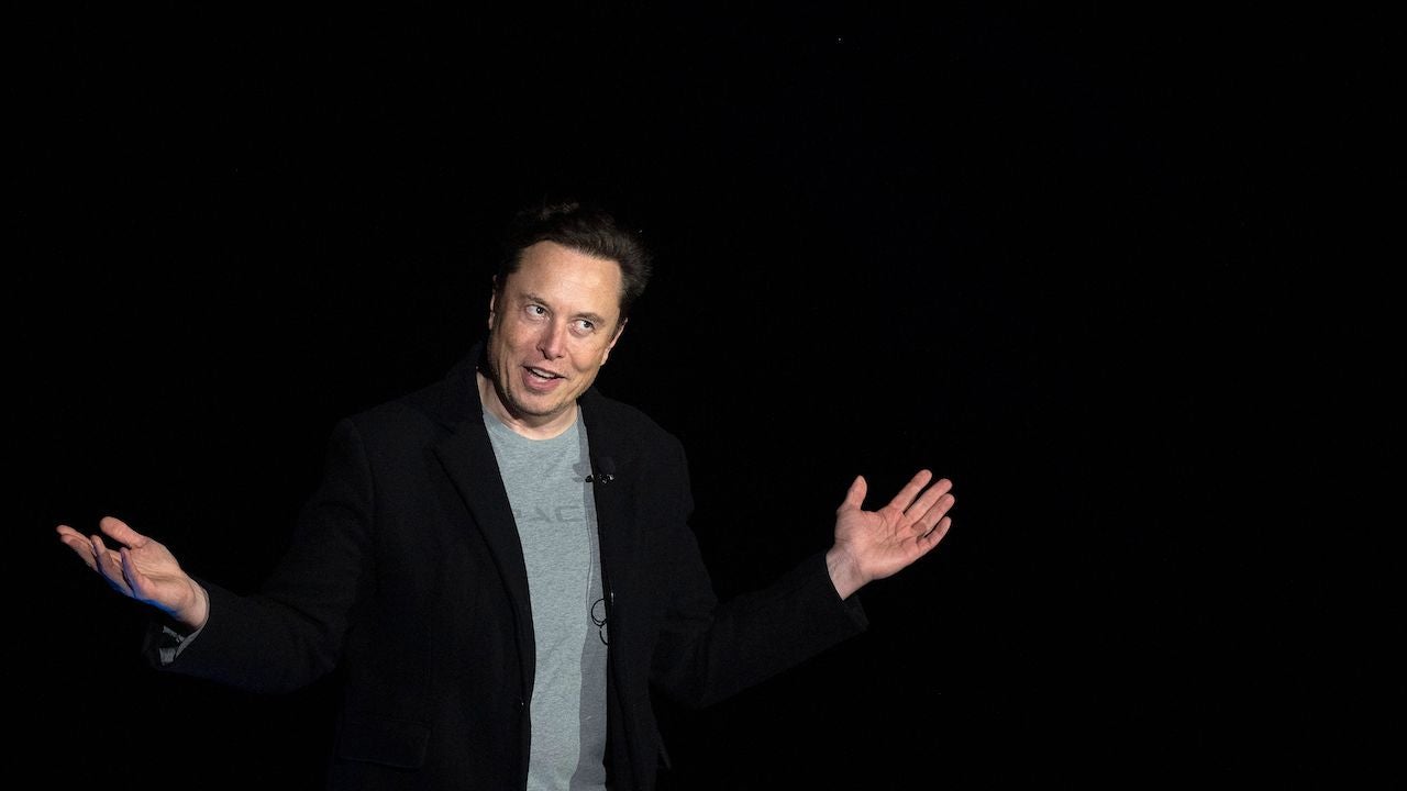 Elon Musk during a press conference at SpaceX’s Starbase facility near Boca Chica Village in South Texas on February 10, 2022.