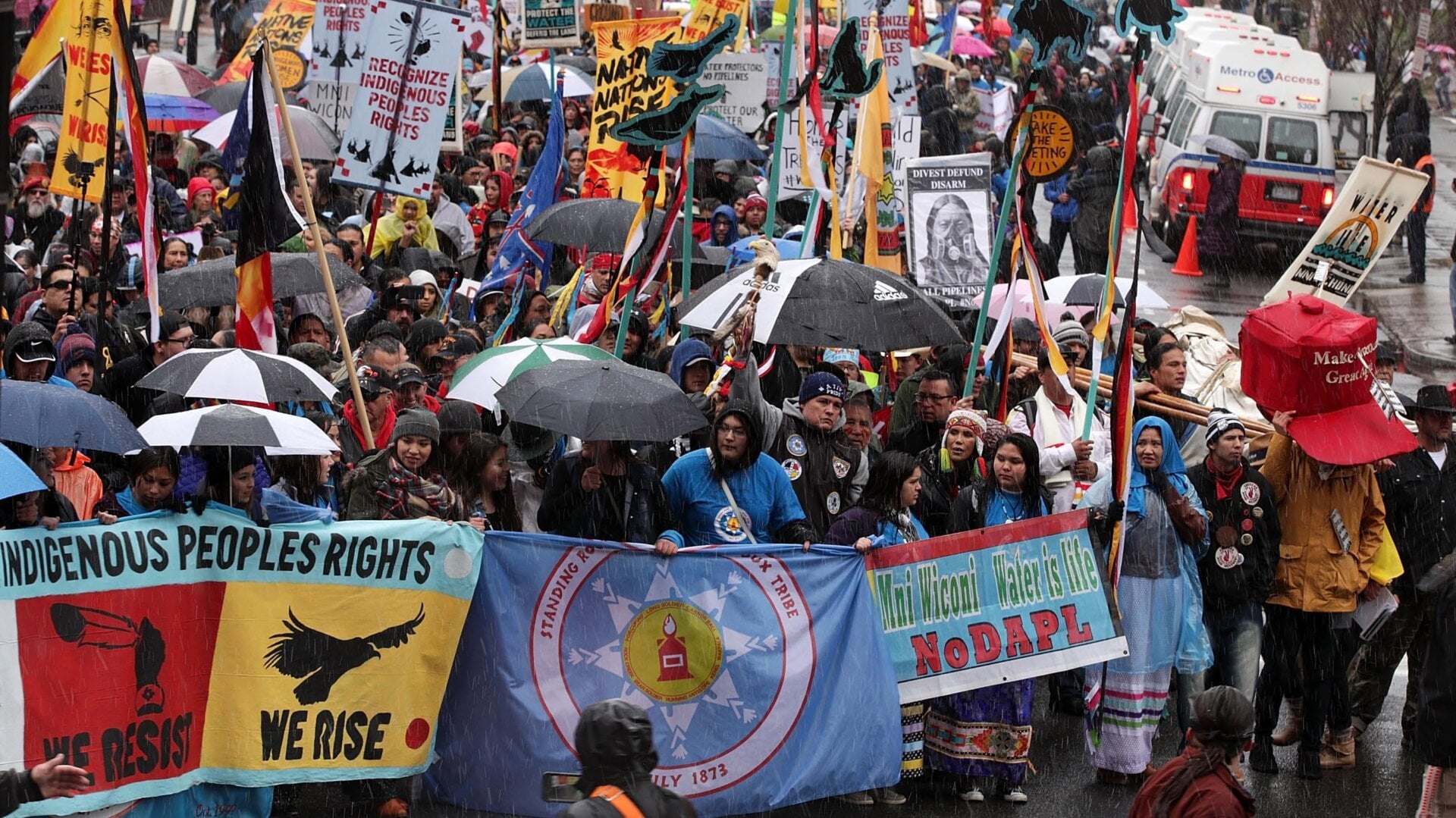 Activists participate in a protest against the Dakota Access Pipeline March 10, 2017 in Washington, DC.