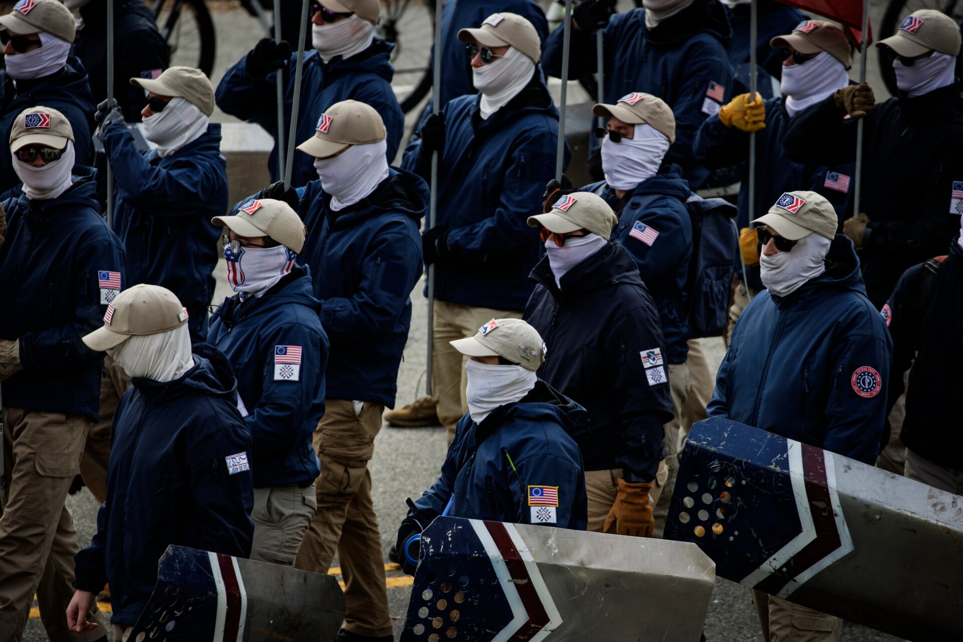 Members of the Patriot Front, an American white nationalist group, marches along Constitution Avenue in Washington, D.C. on January 21, 2022.