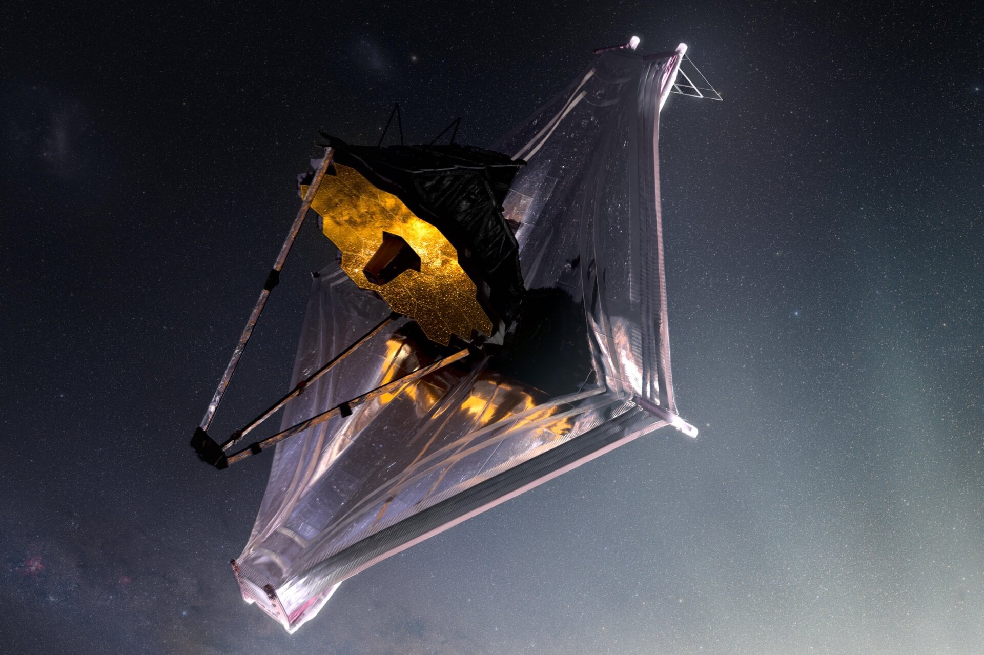 An artist’s illustration of the Webb telescope in space; its primary mirror is the gold disk.