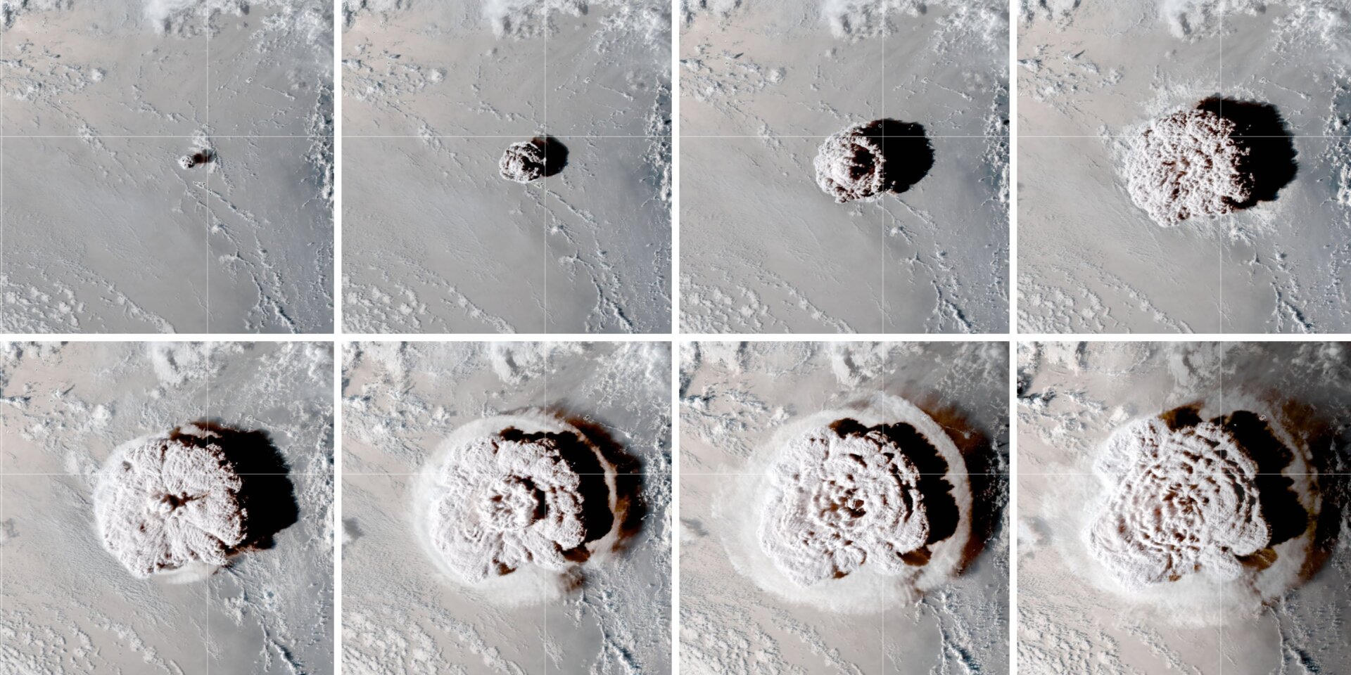 Stereoscopic images showing the rising plume on January 15, 2022.