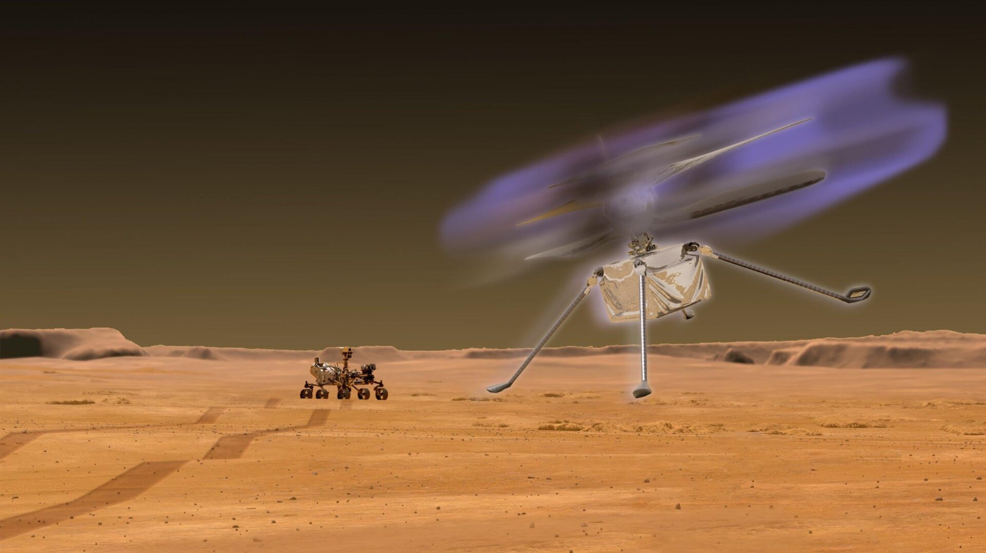 An artist’s concept of a Martian drone’s rotors surrounded by a purple glow in flight.