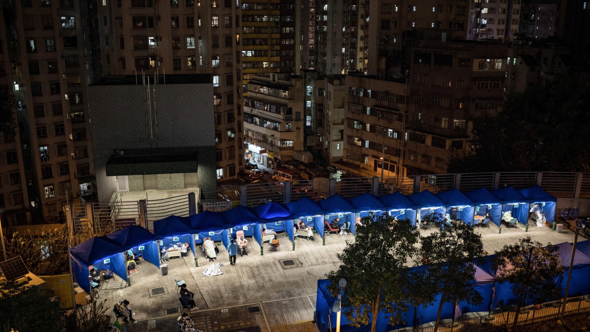 Temporary tents are set for covid-19 patients to rest outside Caritas Medical Center in Sham Shui Po, Hong Kong.
