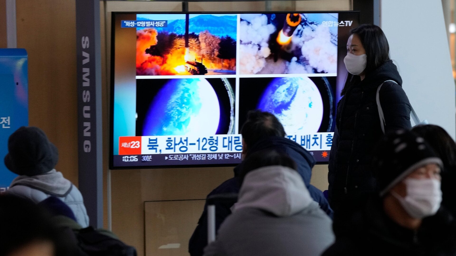 A TV showing images of North Korea’s missile launch at the Seoul Railway Station in Seoul, South Korea on January 31, 2022.