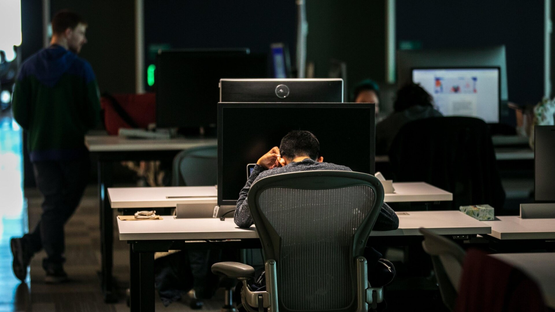 AUSTIN, TX - MARCH 5: Content moderators work at a Facebook office in Austin, Texas.
