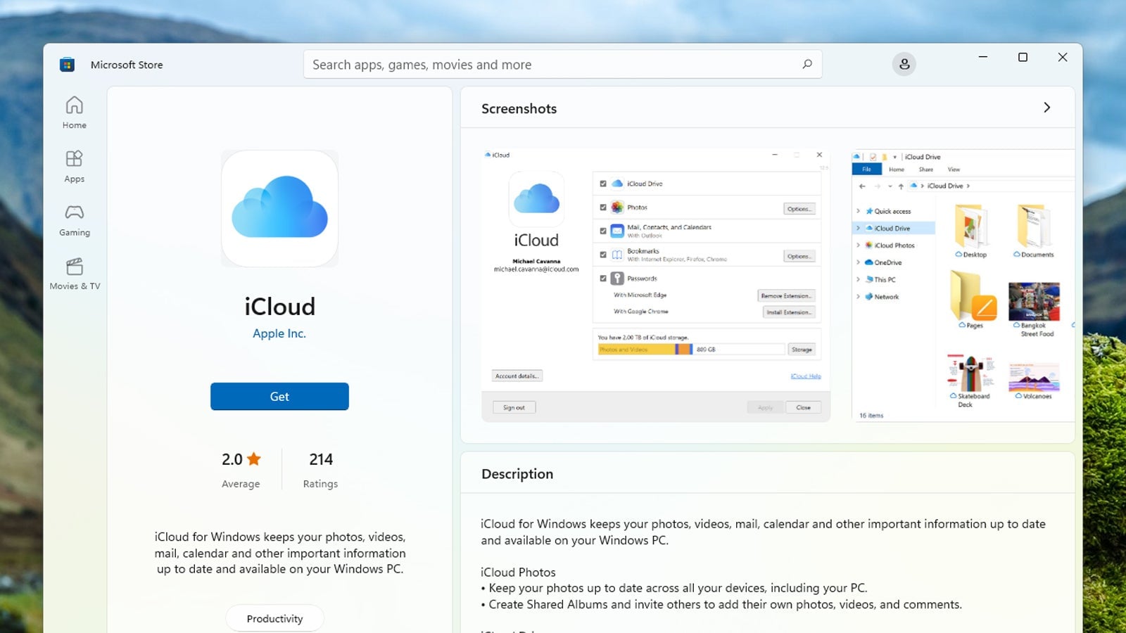 iCloud for Windows is available in the Microsoft Store.