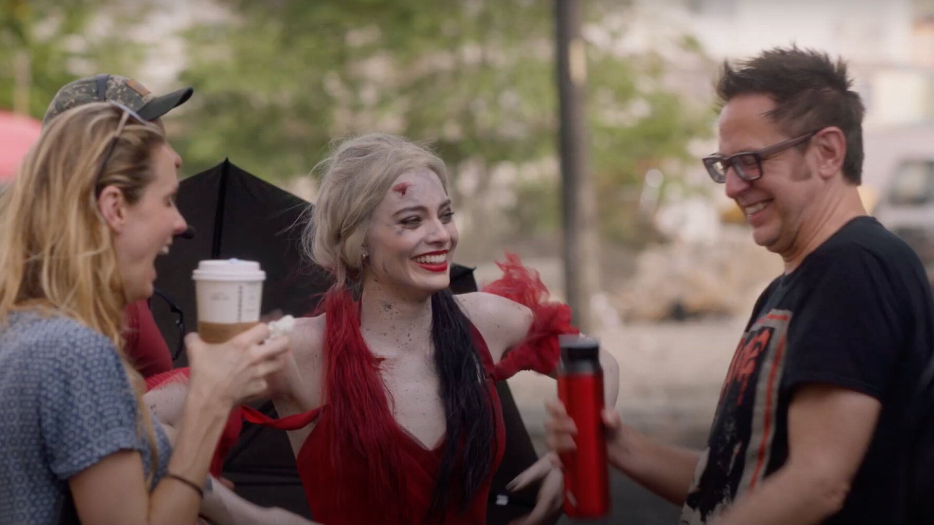 James Gunn and Margot Robbie behind the scenes of The Suicide Squad.