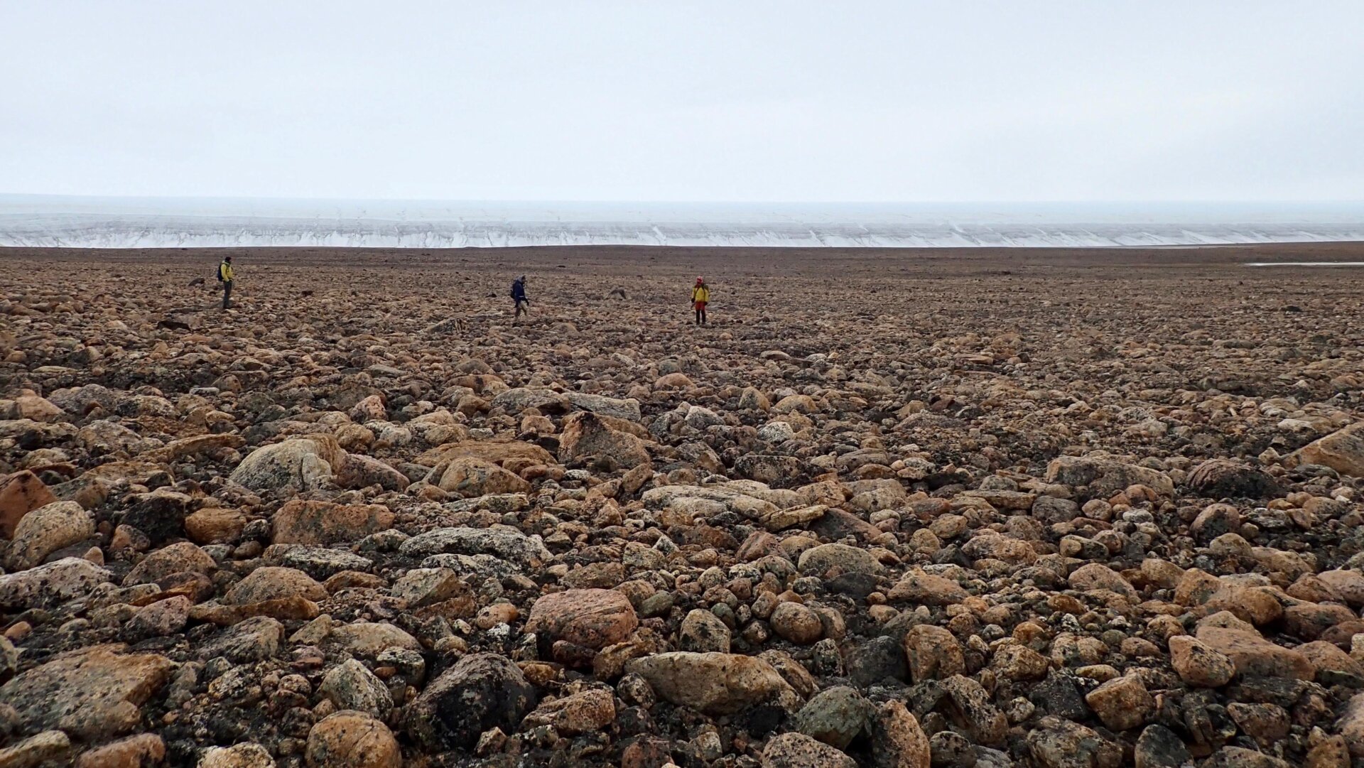 Team members conducting fieldwork along the edge of the Greenland Ice Sheet in 2019. 