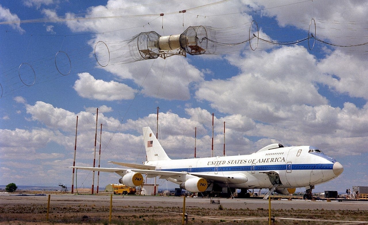 The E-4 advanced airborne command post (AABNCP) during an electromagnetic pulse resistance test.