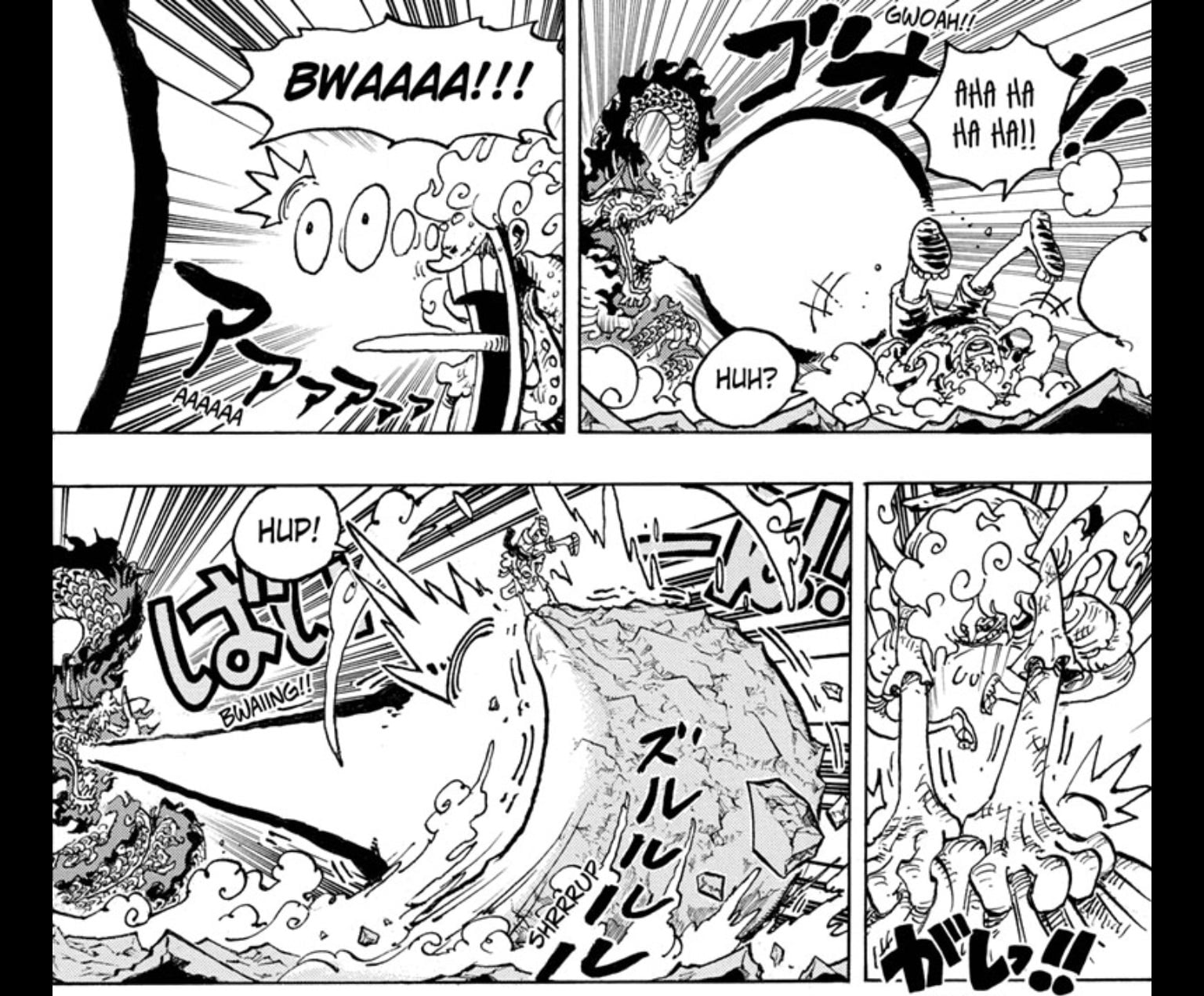 Luffy, in Joyboy mode, reacts with comic surprise to Kaido’s breath blast and pulls the ground up to block it in Chapter 1044. 