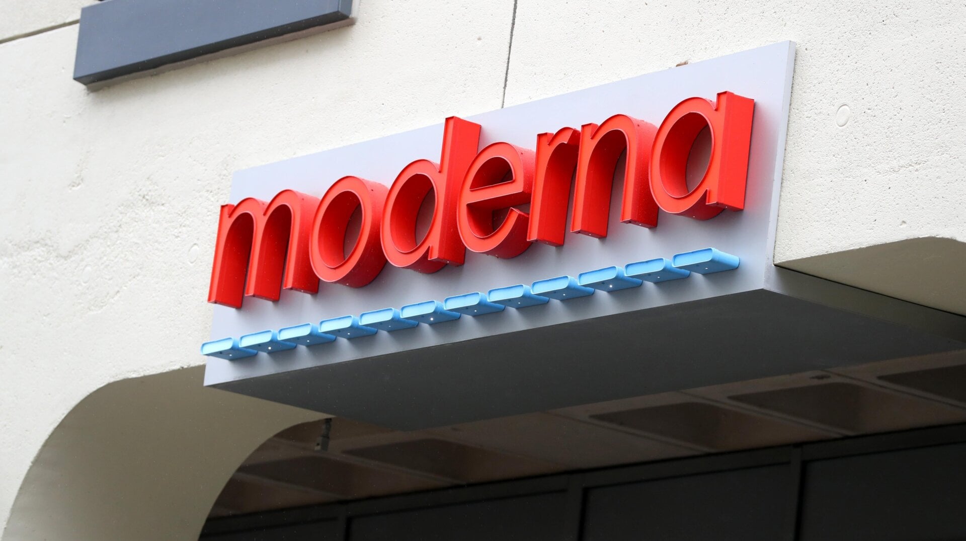 A sign at the Moderna headquarters is seen in Cambridge, Massachusetts.