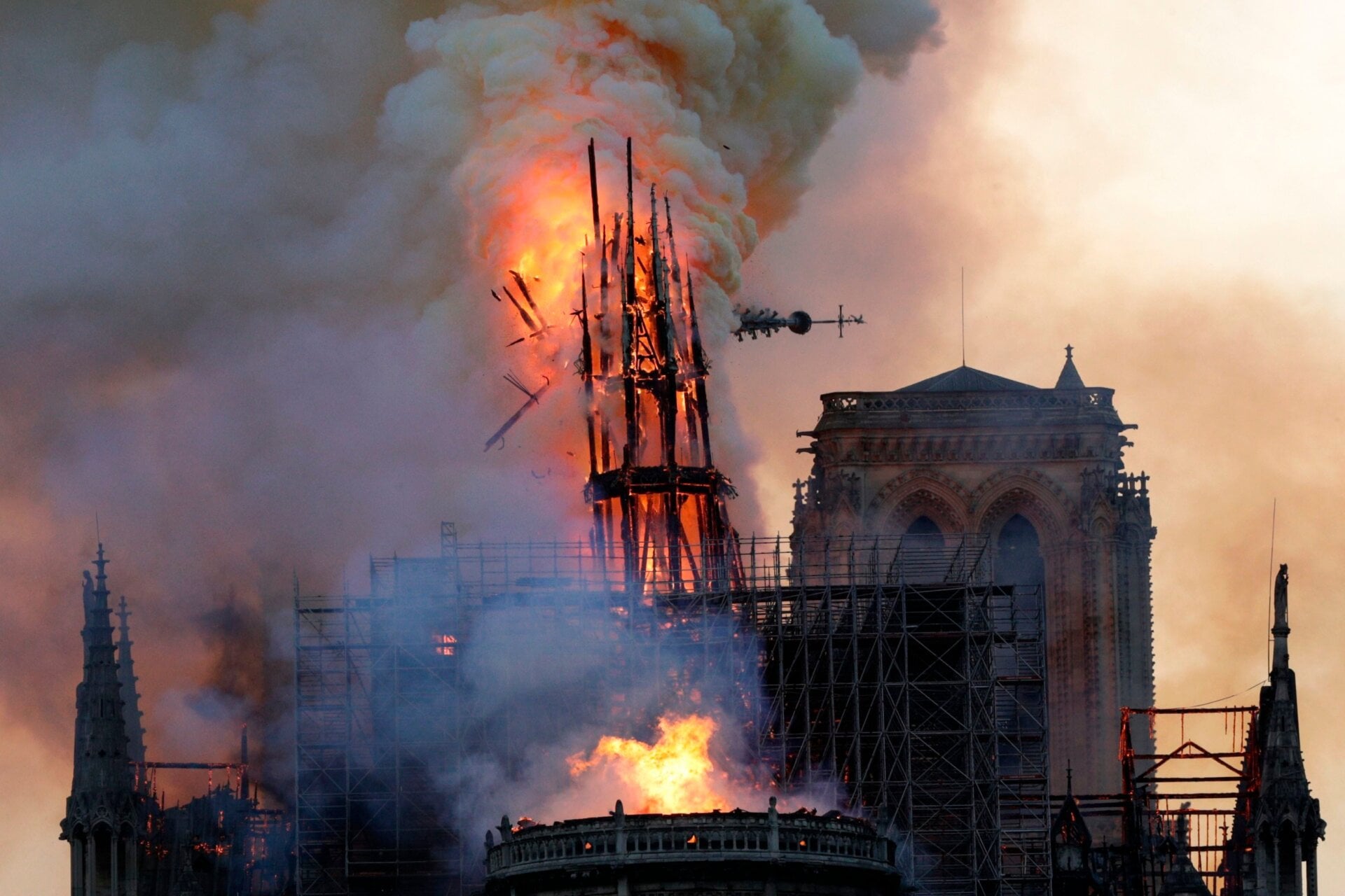 The collapse of Notre Dame’s spire in a fire on April 15, 2019.