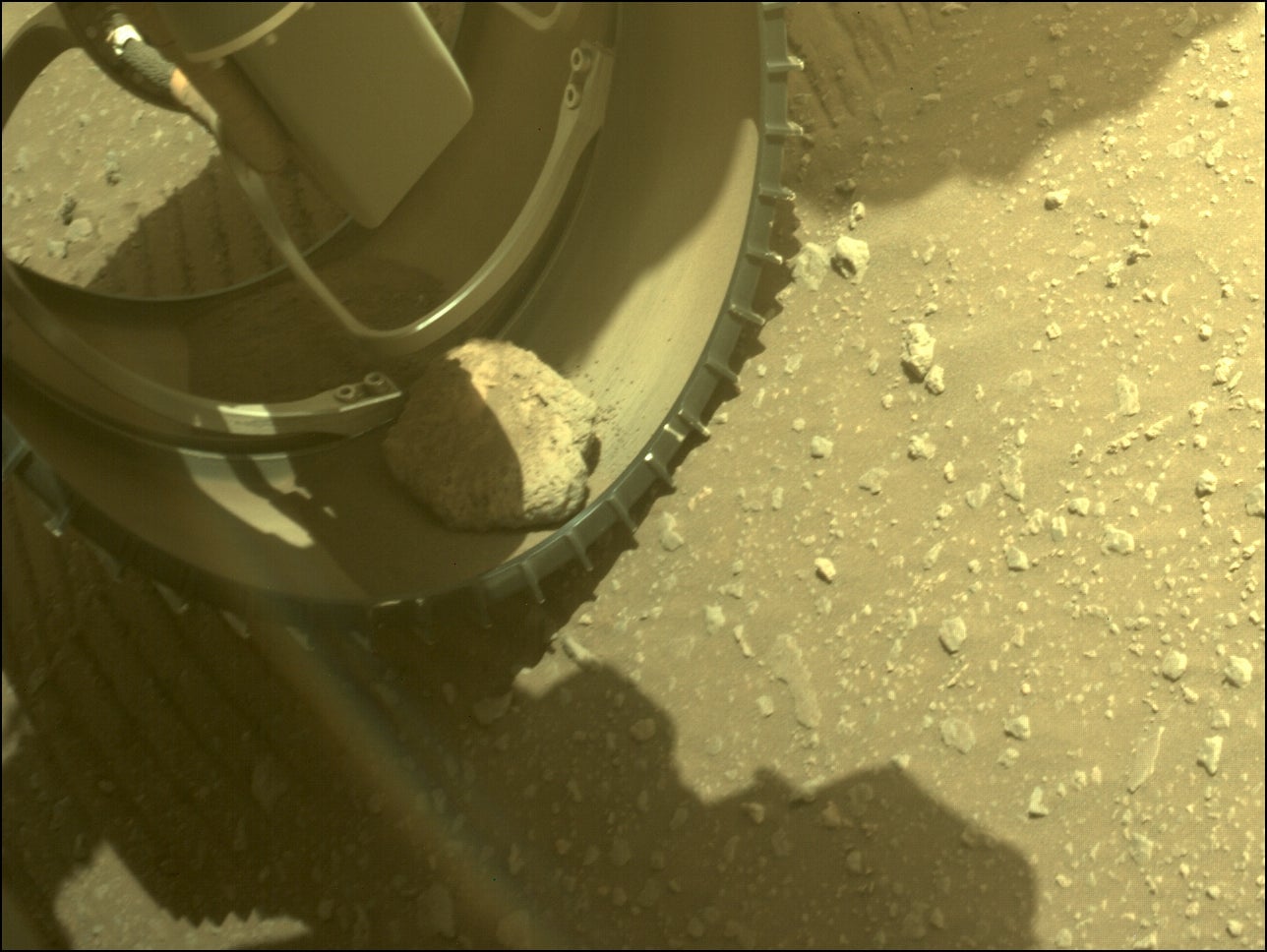 A Hazcam image taken on March 2, 2022 shows the rock still firmly in place. 