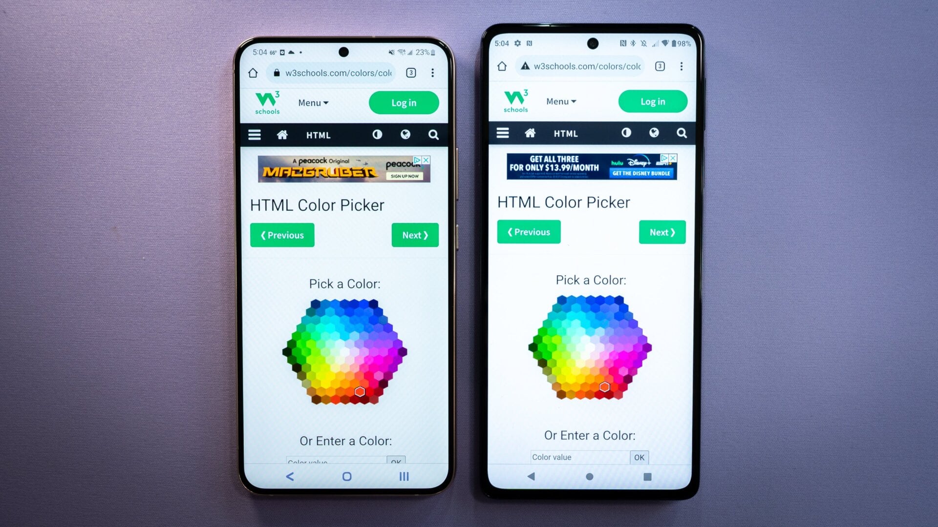 The Motorola Edge+’s (right) display is vibrant, but not as saturated as Samsung’s Galaxy S22+ (left). 