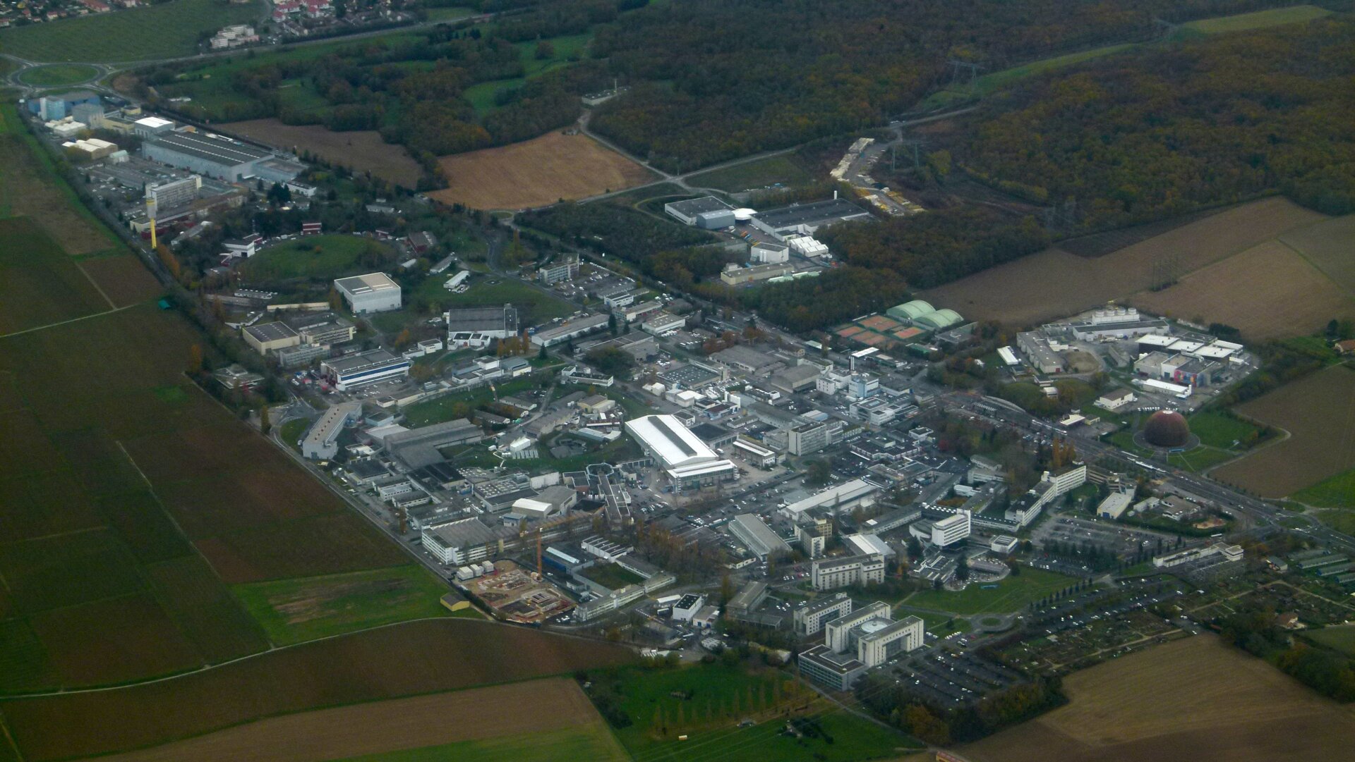 The main CERN campus, seen from the air in 2012.
