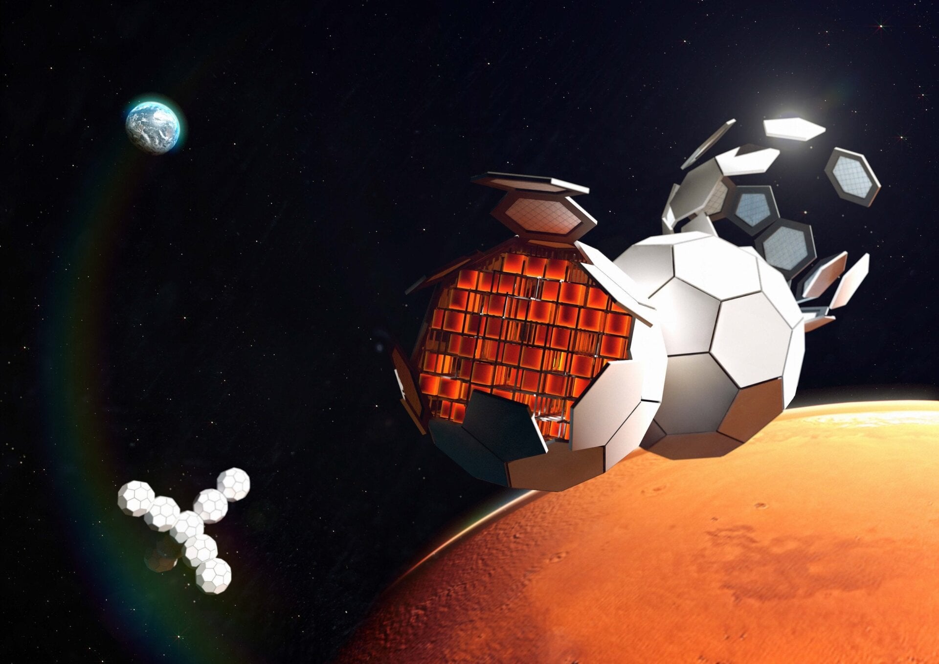 Depiction of a future TESSERAE self-assembling space station in orbit around Mars.