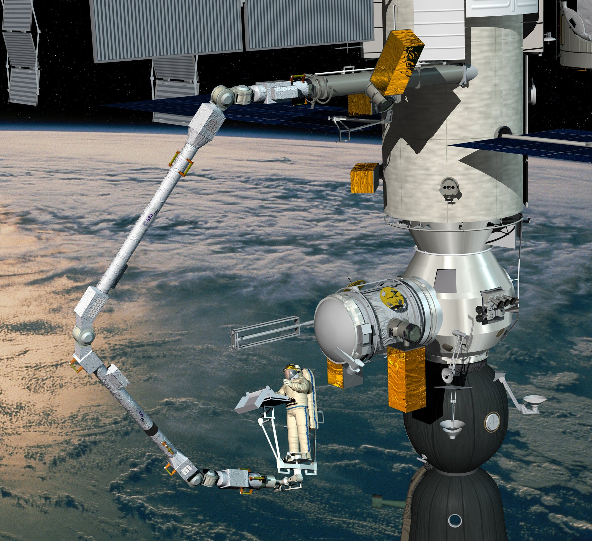 An artist’s depiction of the giant robot arm in action outside the ISS.
