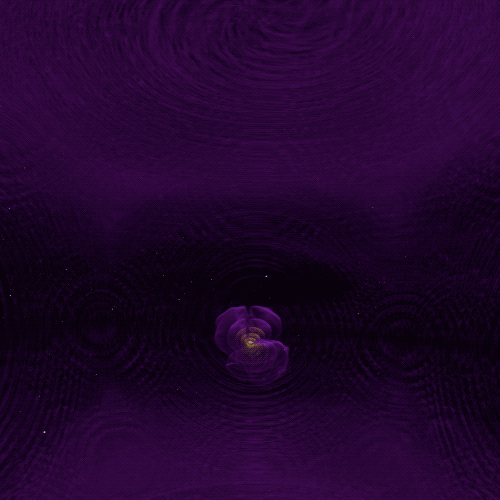 A visualization of two black holes coalescing and bursting out gravitational waves (in purple).