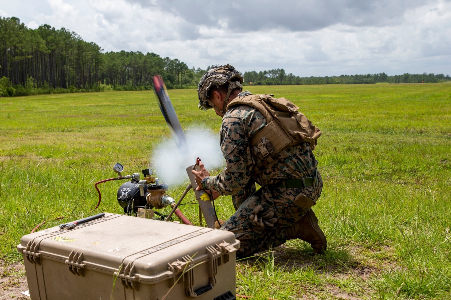 A Switchblade drone is launched during a training  exercise at Camp Lejeune, North Carolina on July 7, 2021.