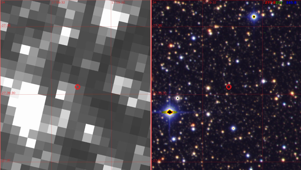 Two views of the region near where the newly discovered planet was found, the one on the left from Kepler and the one on the right from the Canada-France-Hawaii Telescope (CFHT).