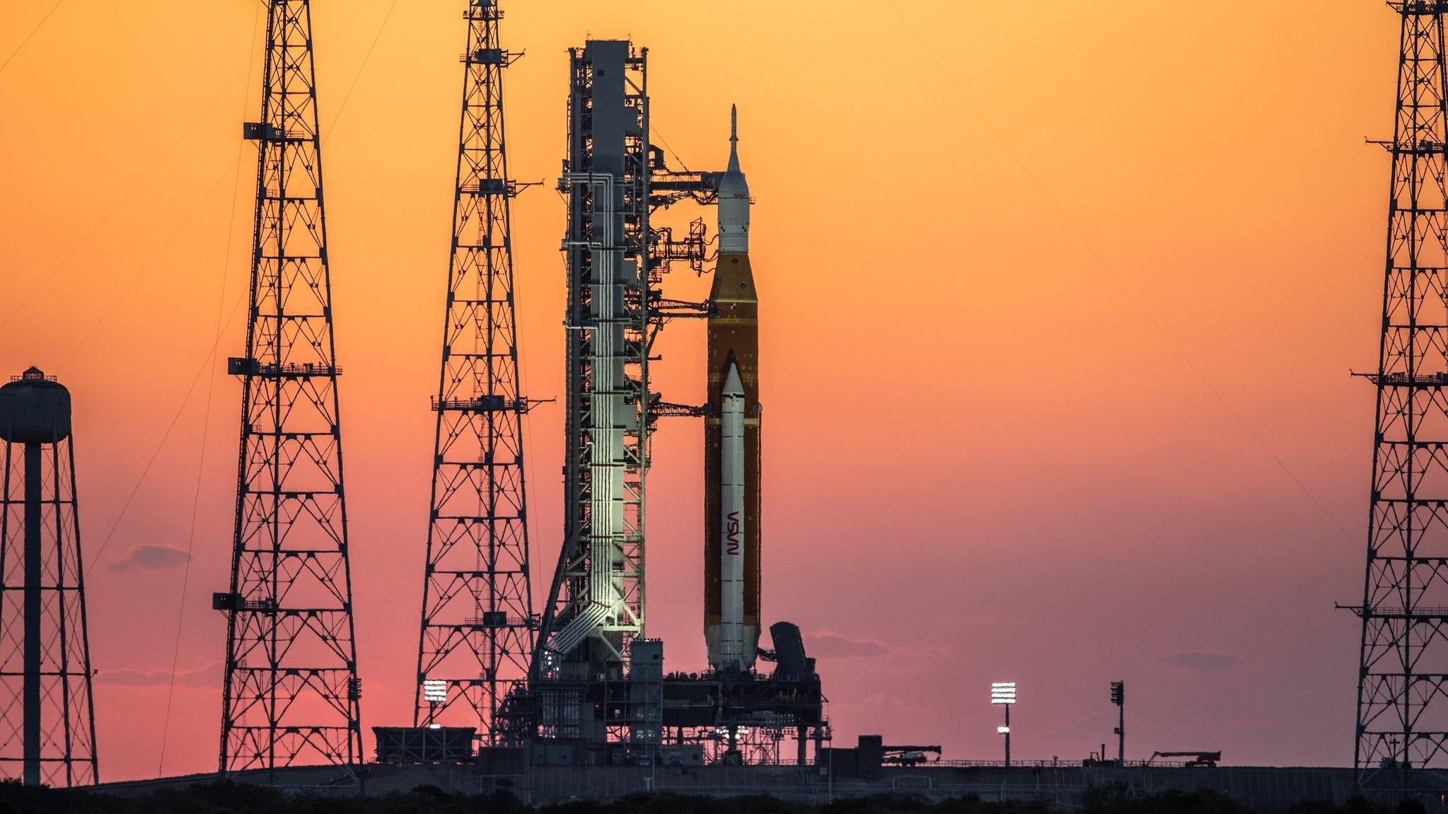 NASA’s SLS rocket on Launch Pad 39B at Kennedy Space Center in Florida.