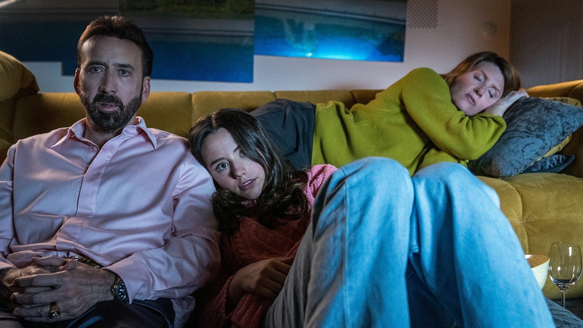 Cage with his movie family played by Lily Sheen and Sharon Horgan