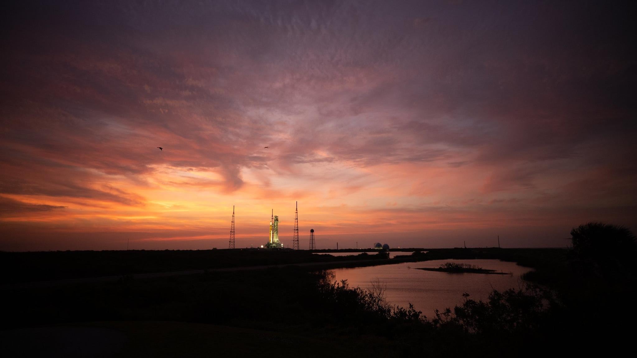 SLS on the launch pad at Kennedy Space Center in Florida.