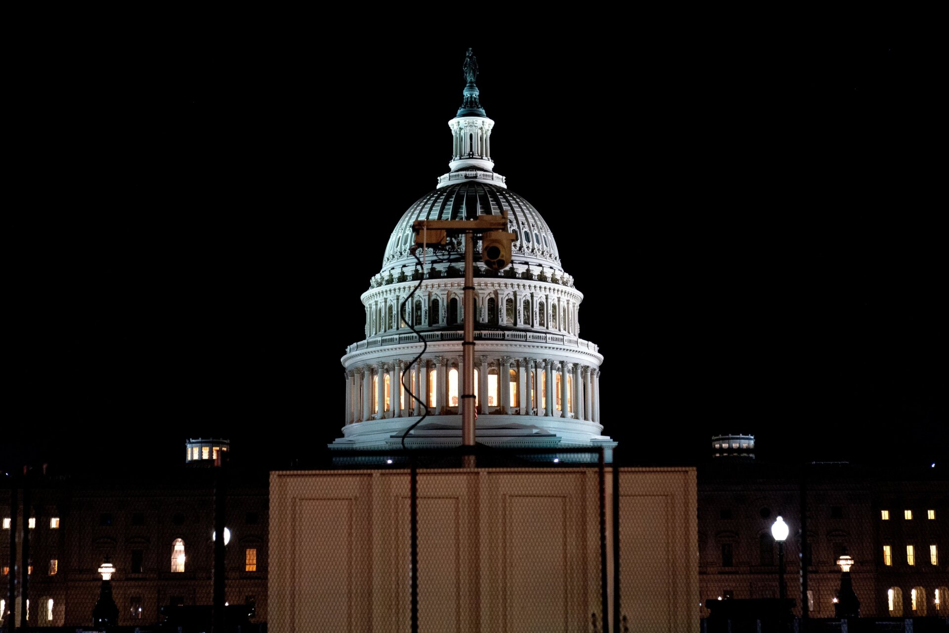 A surveillance camera stands behind security fencing at the US Capitol in Washington, DC.