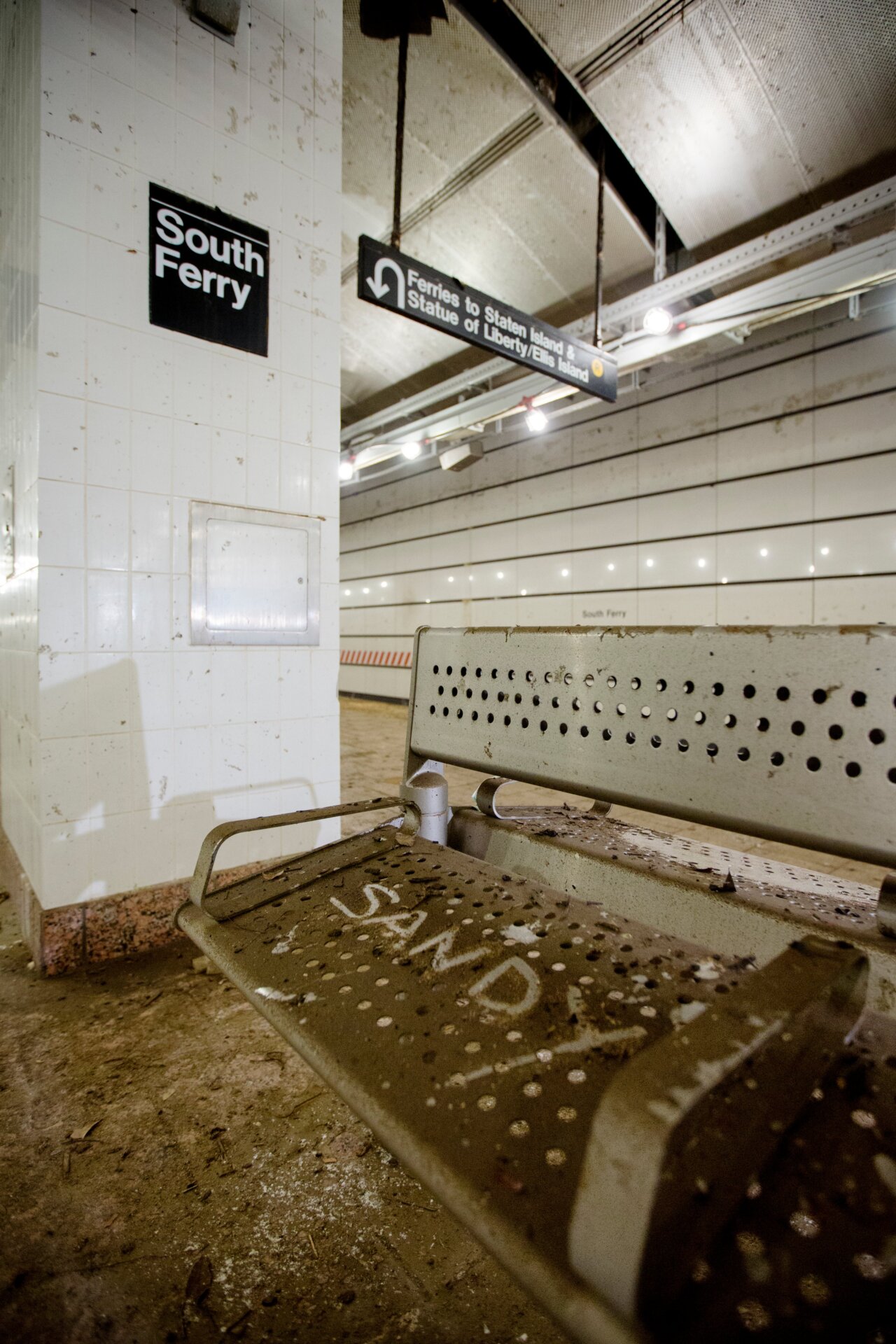 Mud covers everything at the South Ferry Subway station on Manhattan.  The station, one of the newest in the MTA subway system, was flooded and  severely damaged by the superstorm Sandy.