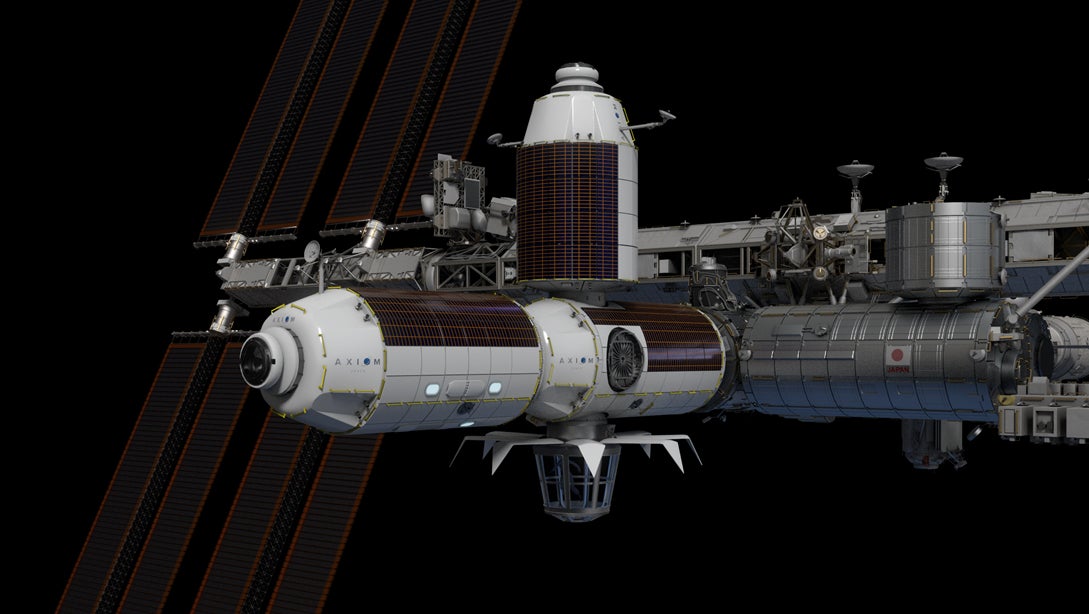 Depiction of Axiom Station attached to the ISS Harmony module.