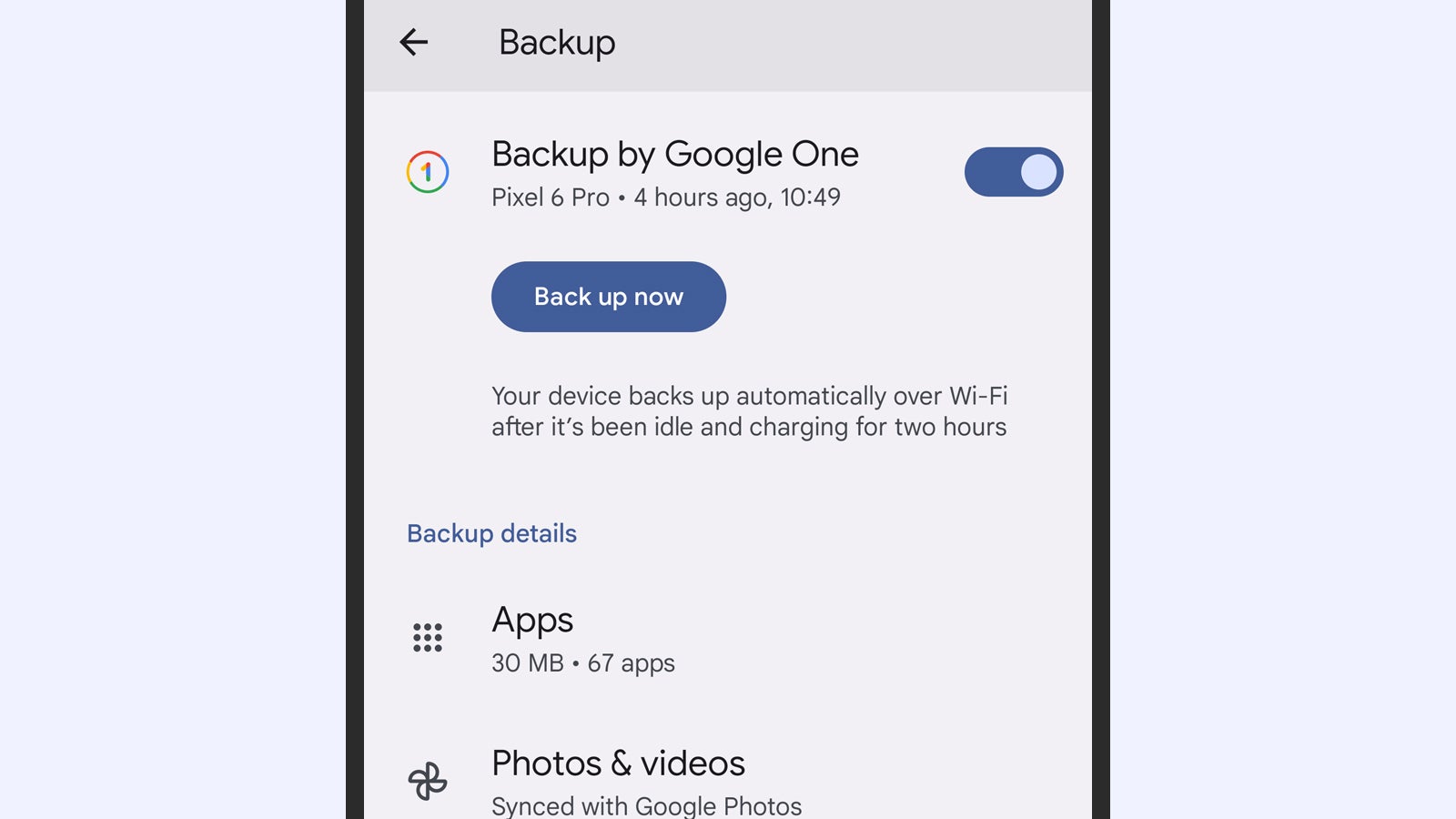Backing up an Android phone via Google One.