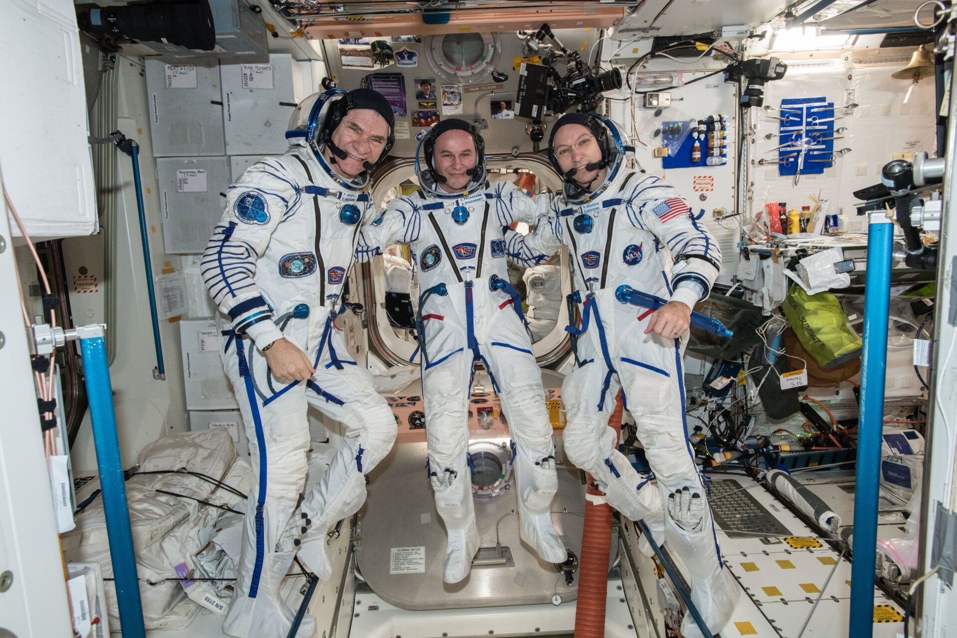 From left to right: ESA astronaut Paolo Nespoli, Sergei Ryazansky of Roscosmos, and NASA’s Randy Bresnik in their Sokol suits.
