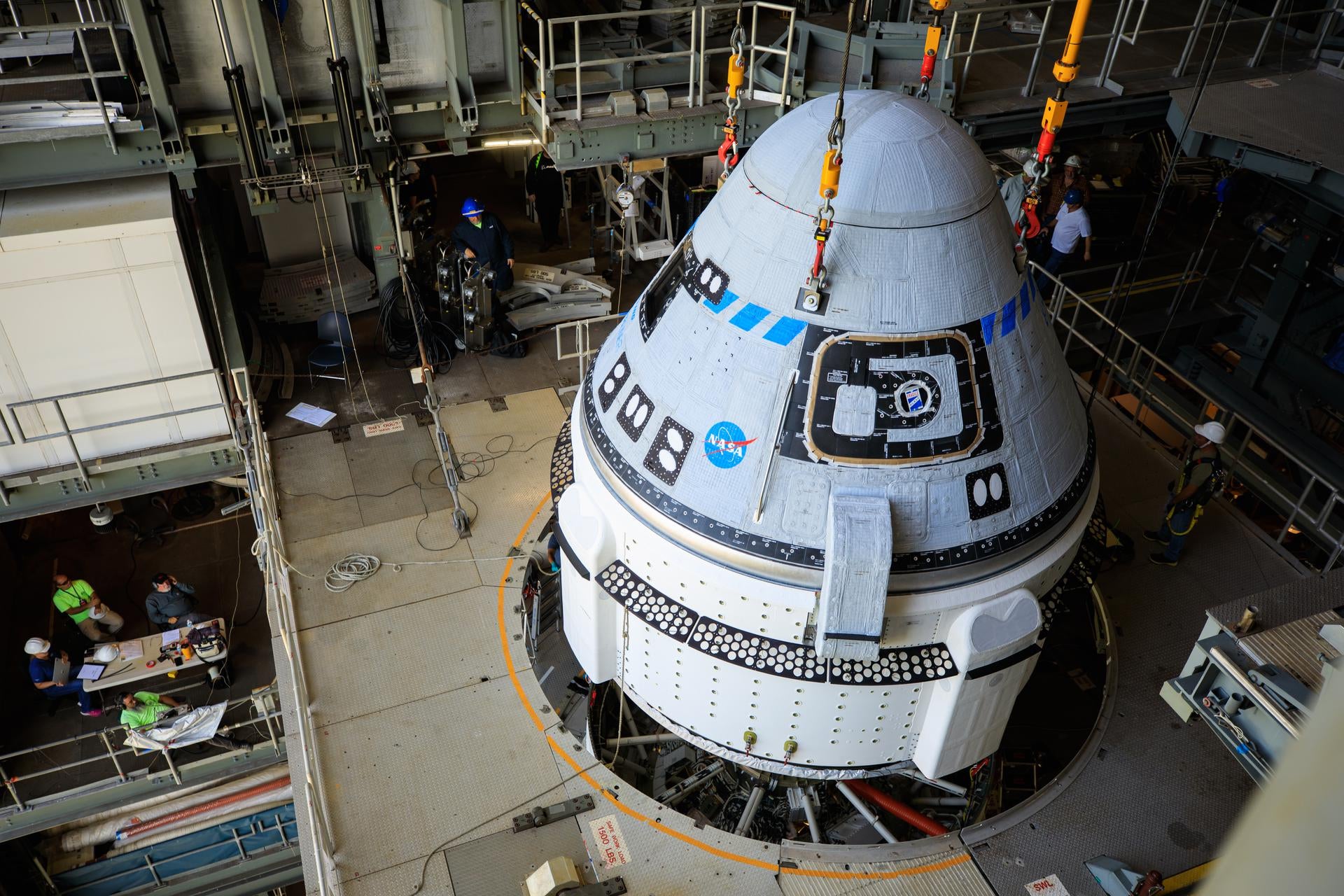 Starliner being lifted at the Vertical Integration Facility at Space Launch Complex-41 at Cape Canaveral Space Force Station in Florida on May 4, 2022.