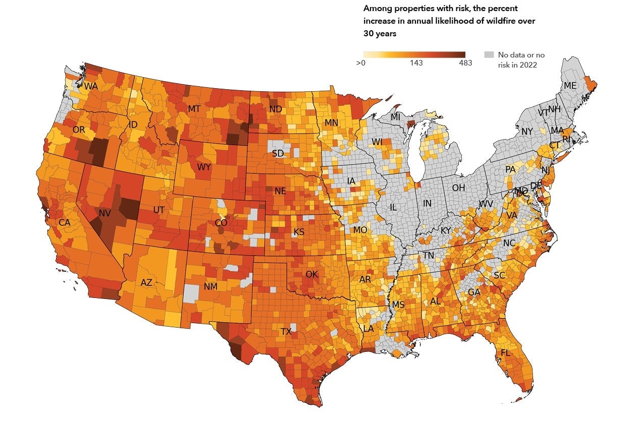 The First Street Foundation reported that, alongside a general increase in the likelihood of wildfires, many states will also see an increase in the number of homes that may be impacted by upcoming infernos.