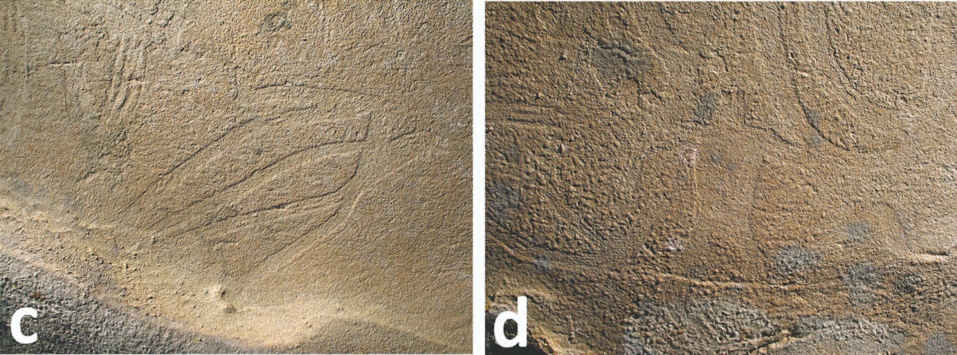 Small glyphs of a bird (left) and an anthropomorphic figure (right) in the glyph chamber.