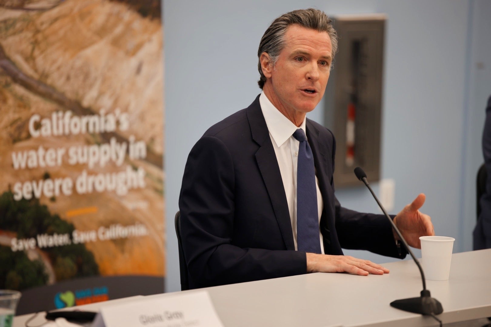Gov. Gavin Newsom addresses California’s water suppliers at a meeting on Monday.
