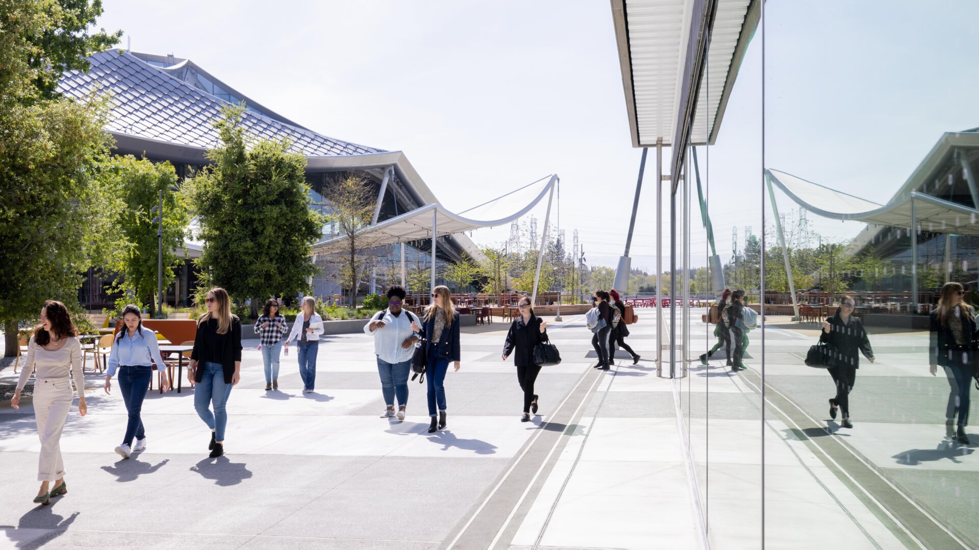 Workers walk through the internal courtyard between Bay View’s main buildings.