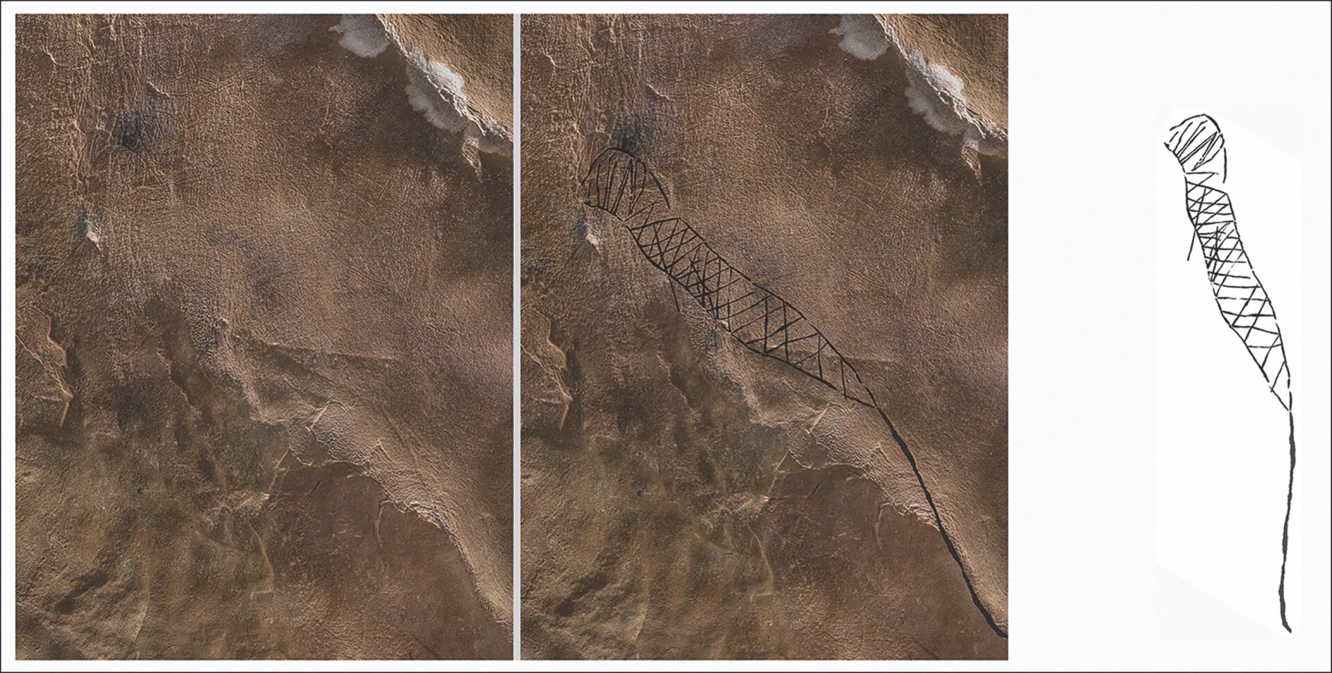 A serpent glyph with diamond-shaped body markings; the serpent’s body tapers to join a natural rock fissure.