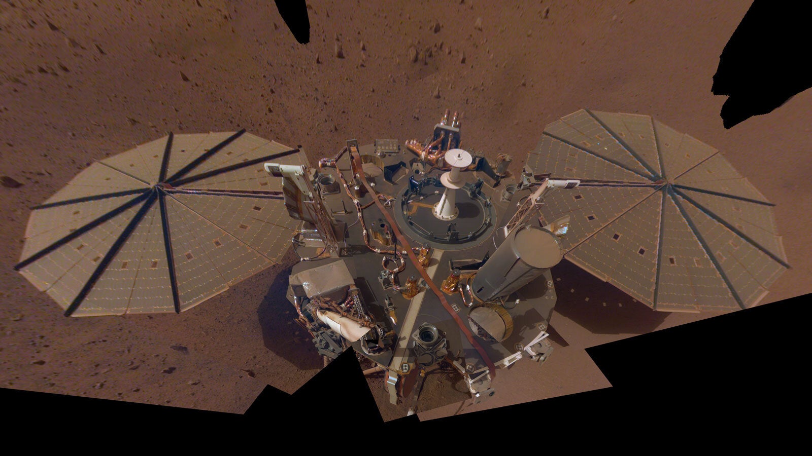 InSight’s second full selfie, taken in spring 2022 after a Martian dust storm. The dust storm put the lander into a temporary safe mode, but it has since resumed operations.