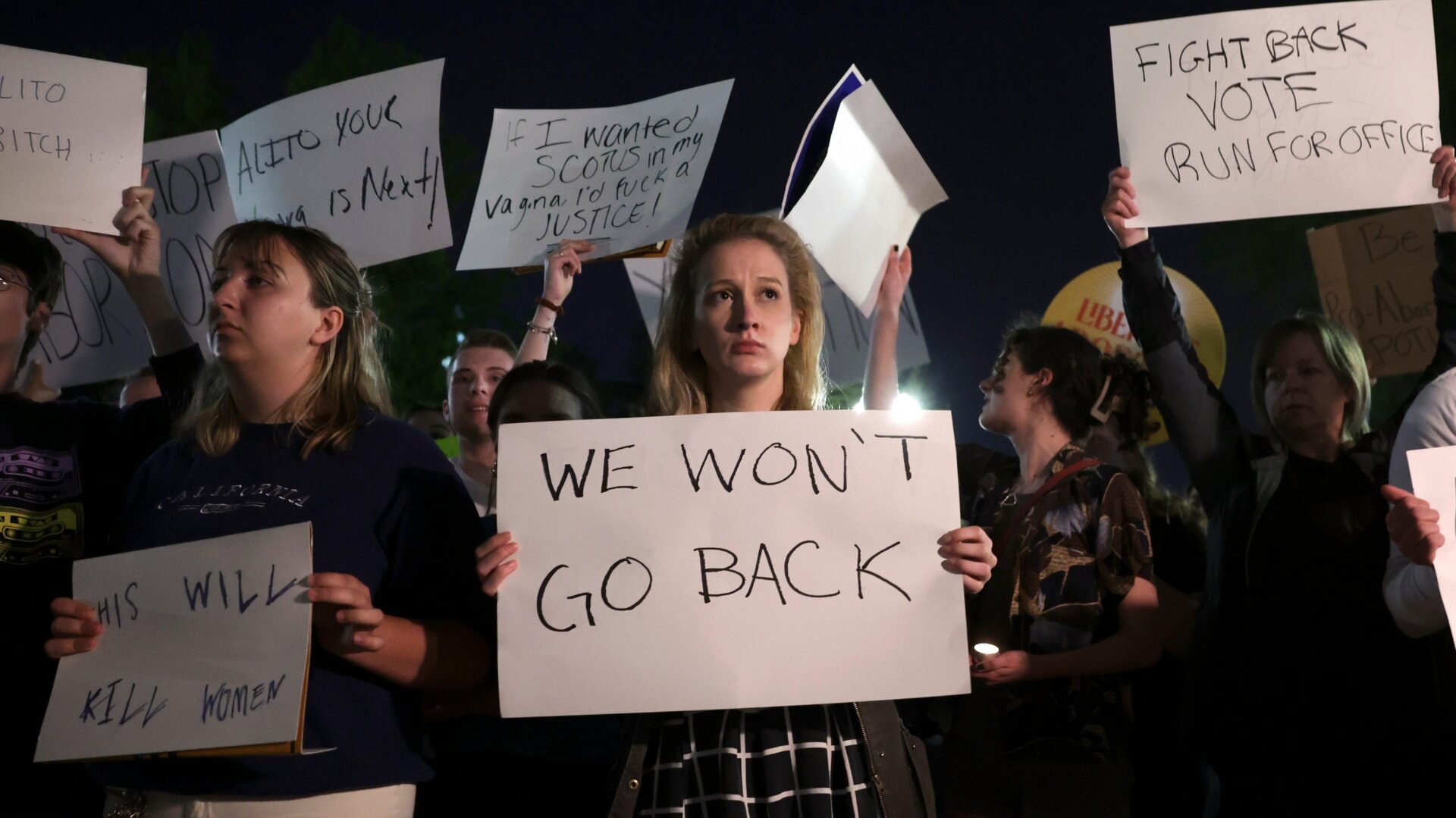 Pro-choice people rally outside of the U.S. Supreme Court late on May 2, 2022 in Washington, D.C.