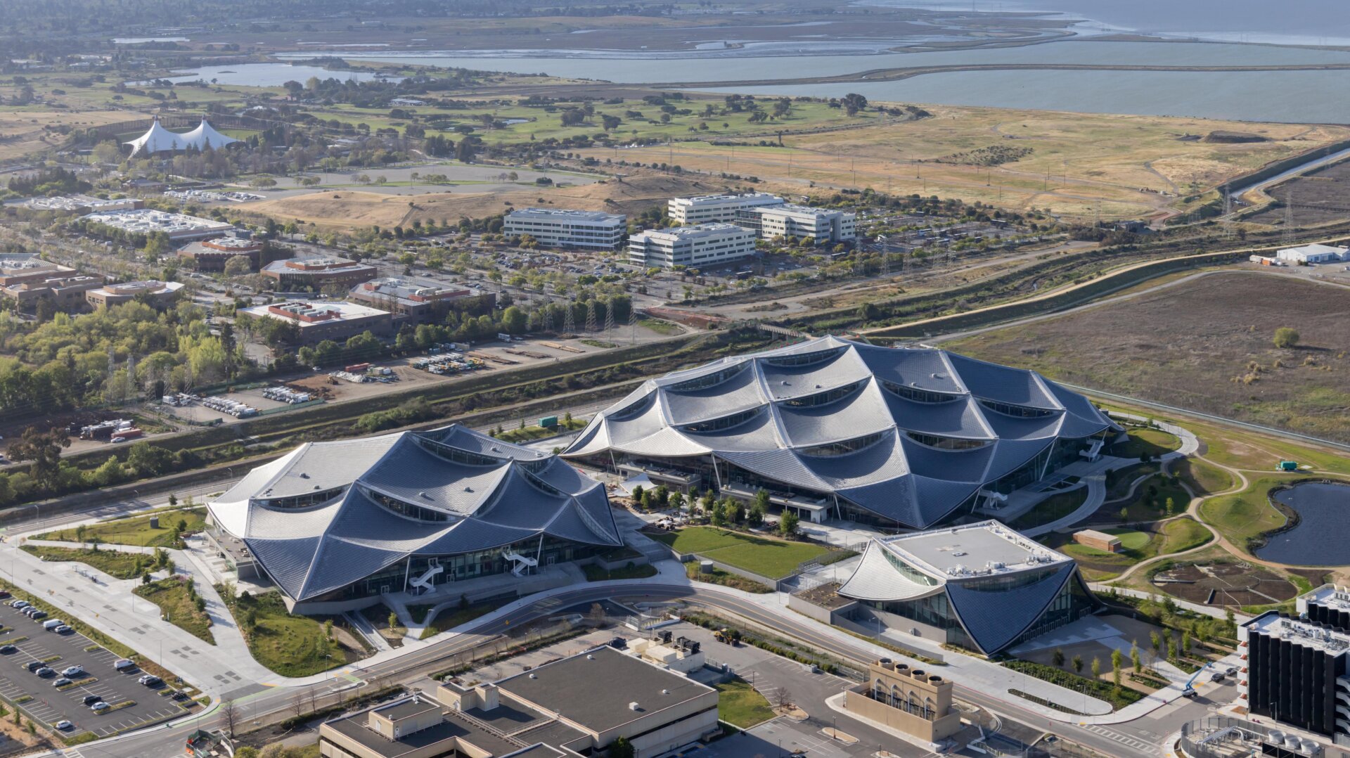 An aerial image of Bay View with Google’s Mountain View office in the background.