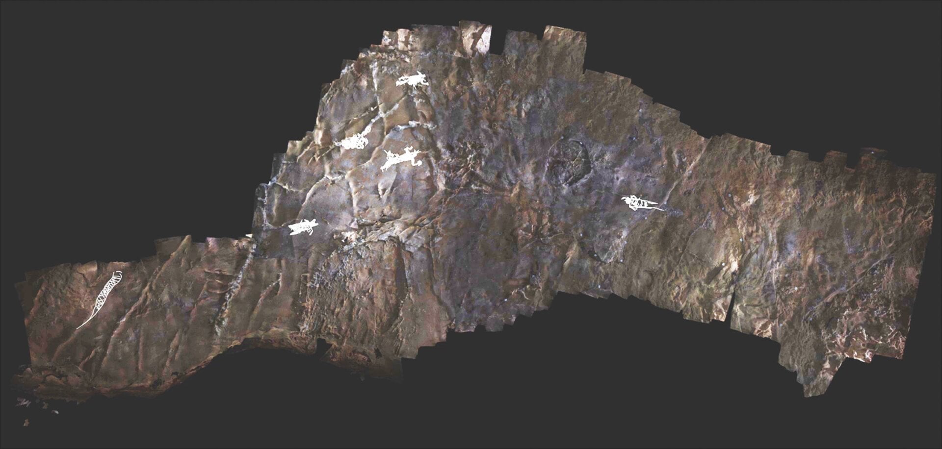 A panorama of the entire ceiling from 19th Unnamed Cave, with glyphs highlighted in white.