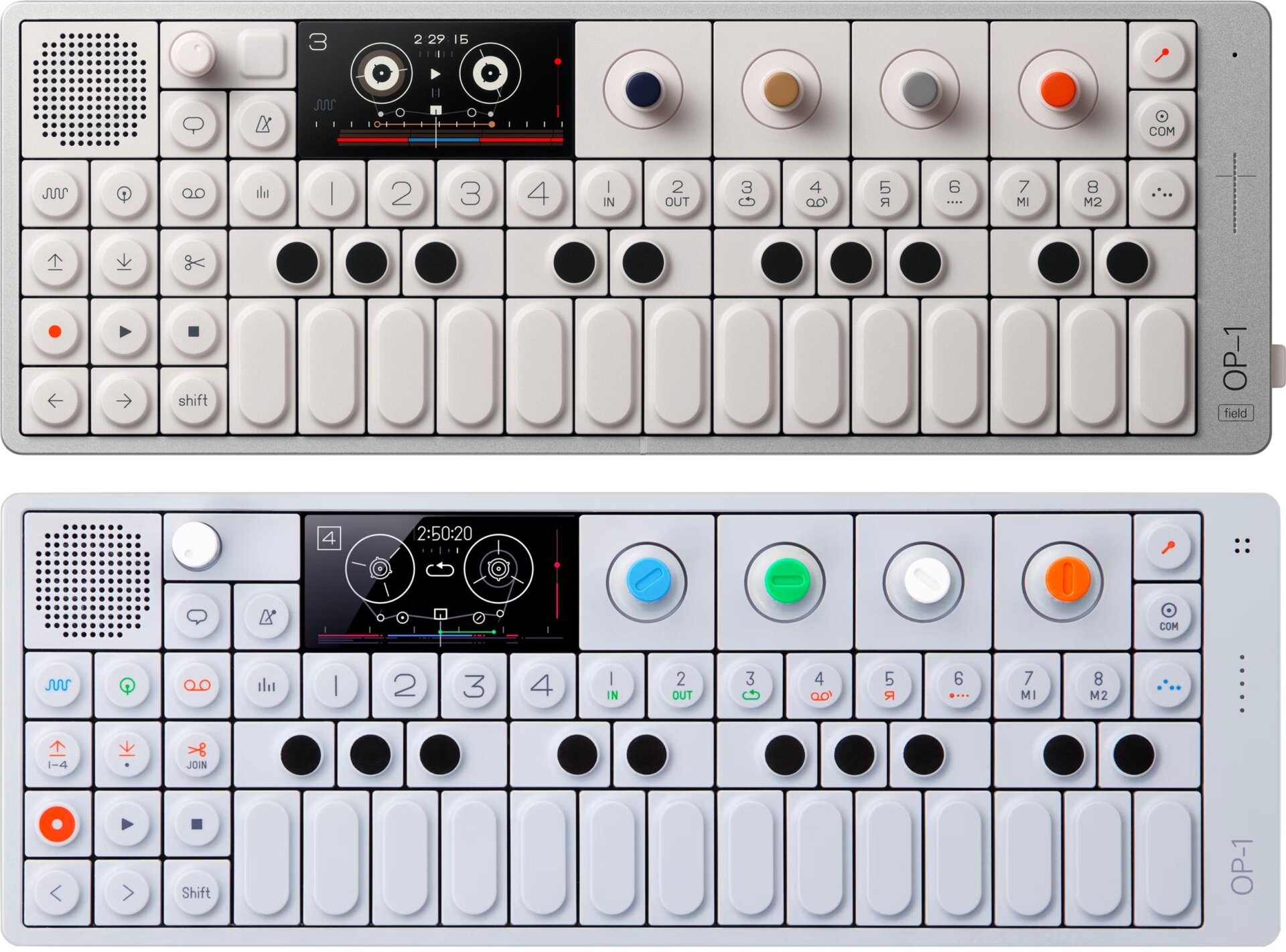 The original OP-1 (bottom) and the new OP-1 field (top).