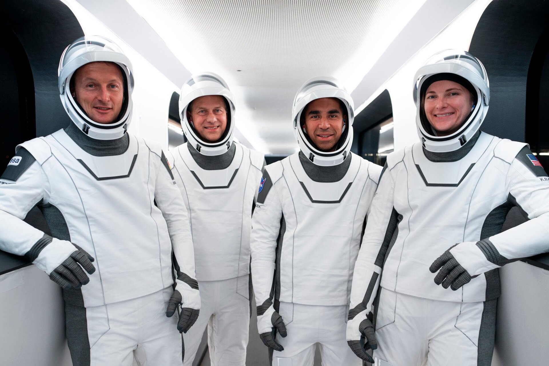 Members of NASA’s Crew-3 expedition donning their SpaceX spacesuits. 