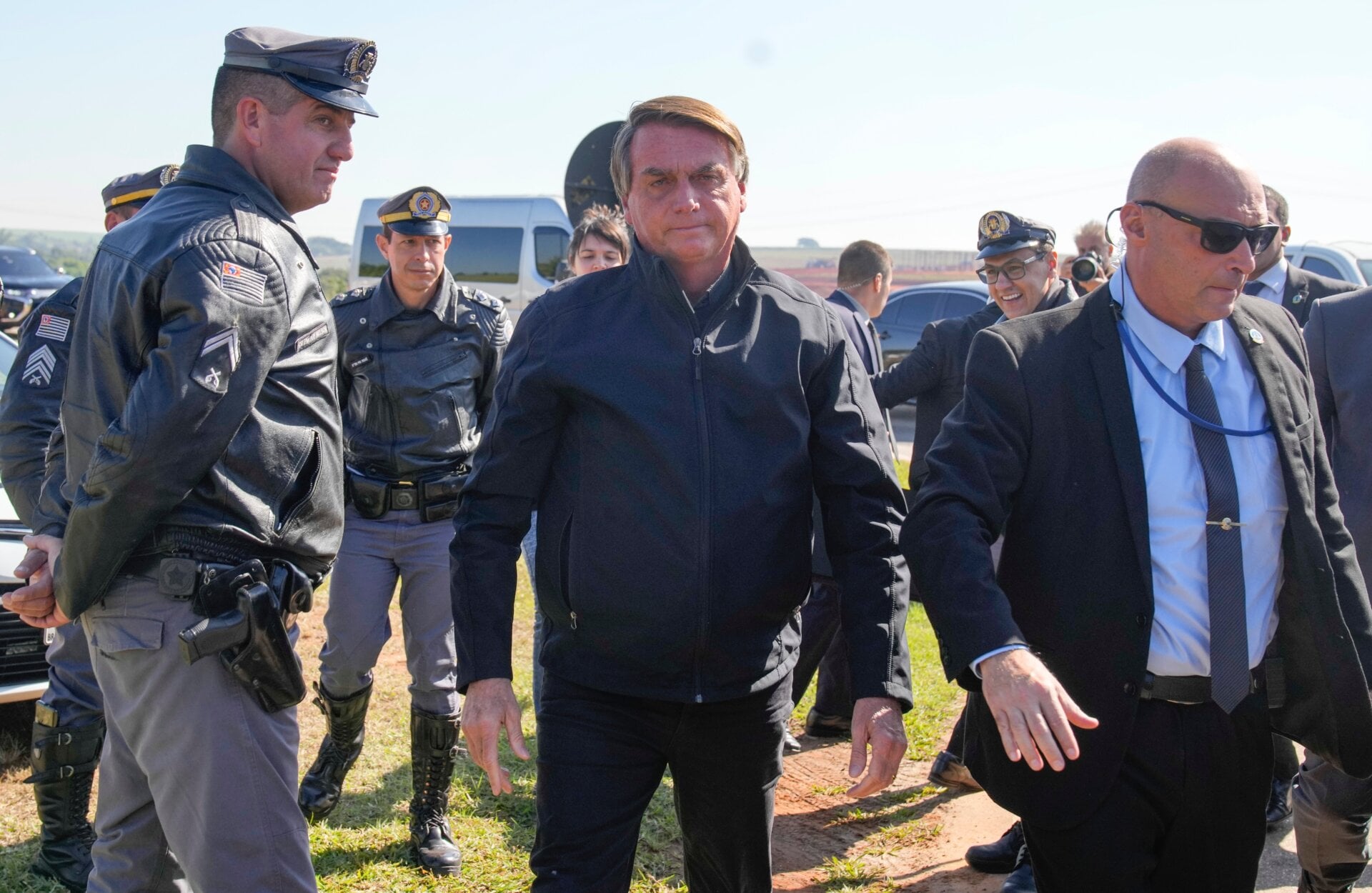 Brazilian President Jair Bolsonaro arrives to a resort hotel where he is expected to meet with Elon Musk in Porto Feliz, Brazil on Friday.