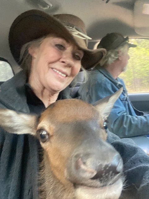 Cinder selfie: driving with ranchers Lisa and Carl Bartley. 