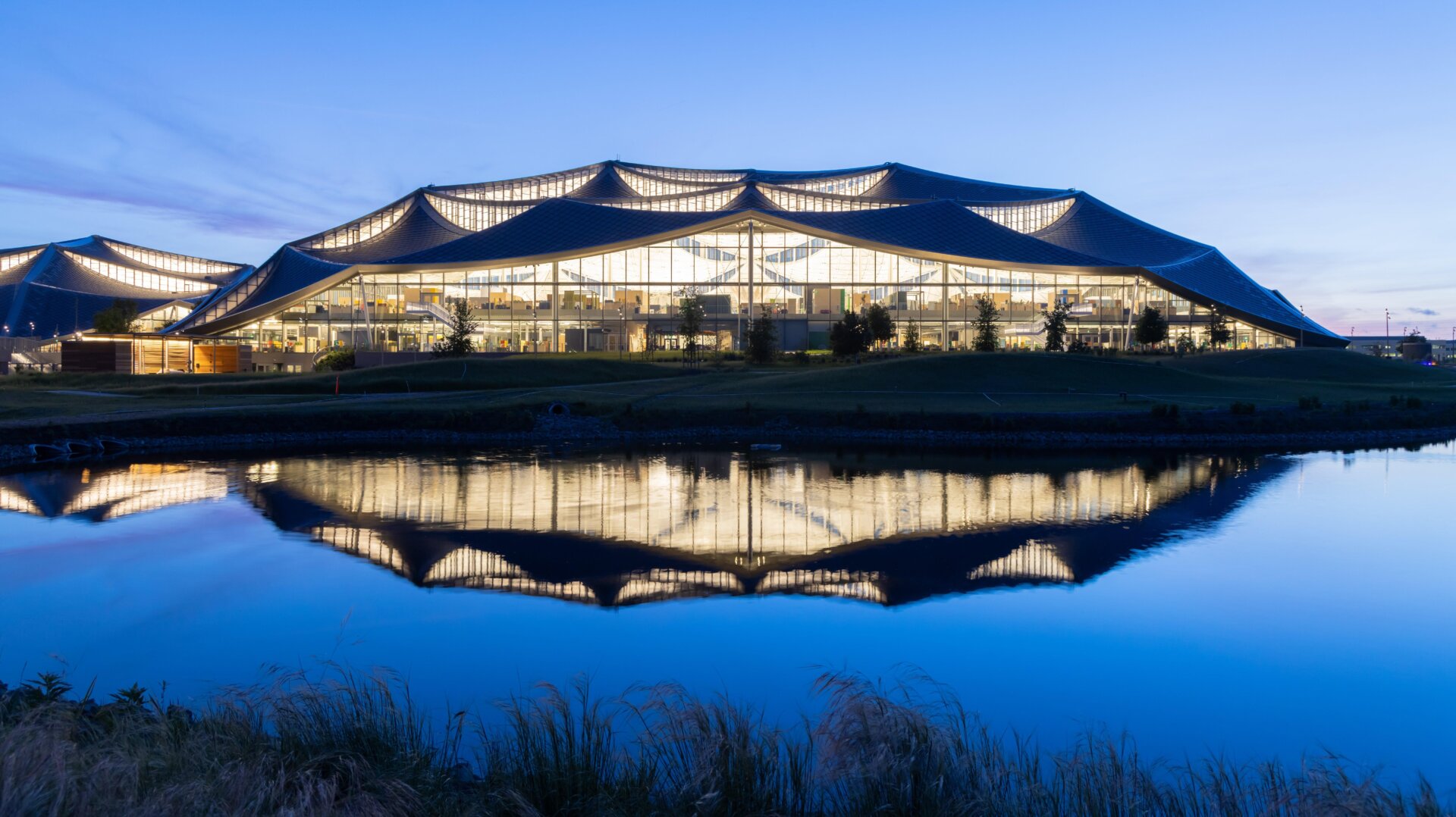 A photo of Bay View’s larger building at night.