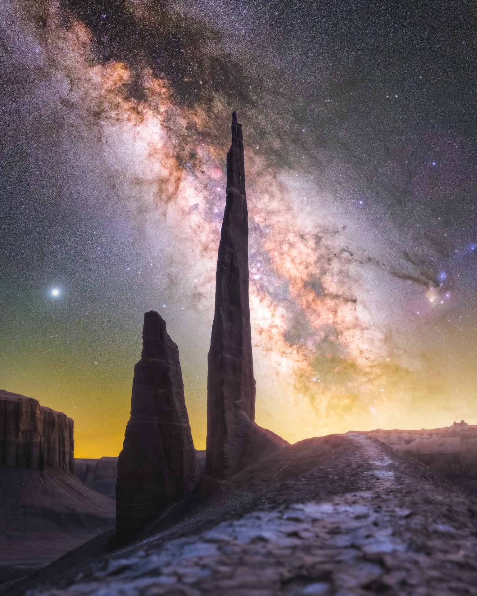 A rock pillar, the Milky Way behind it.
